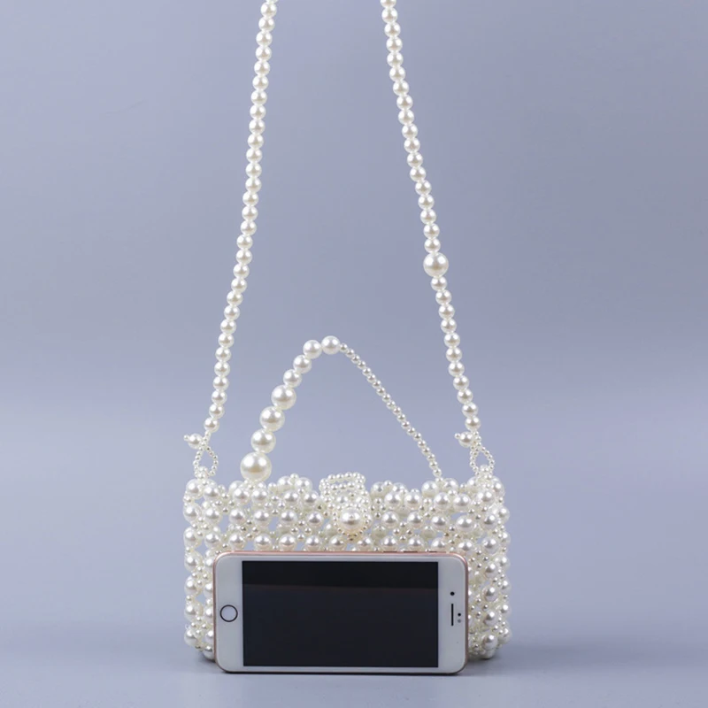 2022 Spring New Pearl Hollow Clear Bags for Women Hand-beaded Woven Clear Purses Handbags All-match Mobile Phone Women\'s Bag