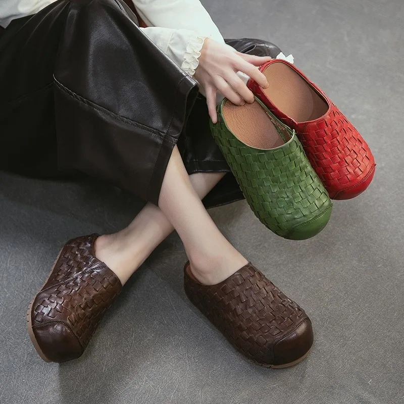 

GKTINOO 2026 Summer New Handmade Woven Round Toe Outdoor Platform Slippers Genuine Leather Versatile Women's Shoes