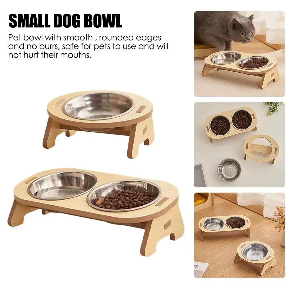 Single/Double Cat Food Bowl Wooden Stainless Steel Water Food And Anti-black Tilted Neck Chin Bowl Feeder Pet Cat Protectio E1T7