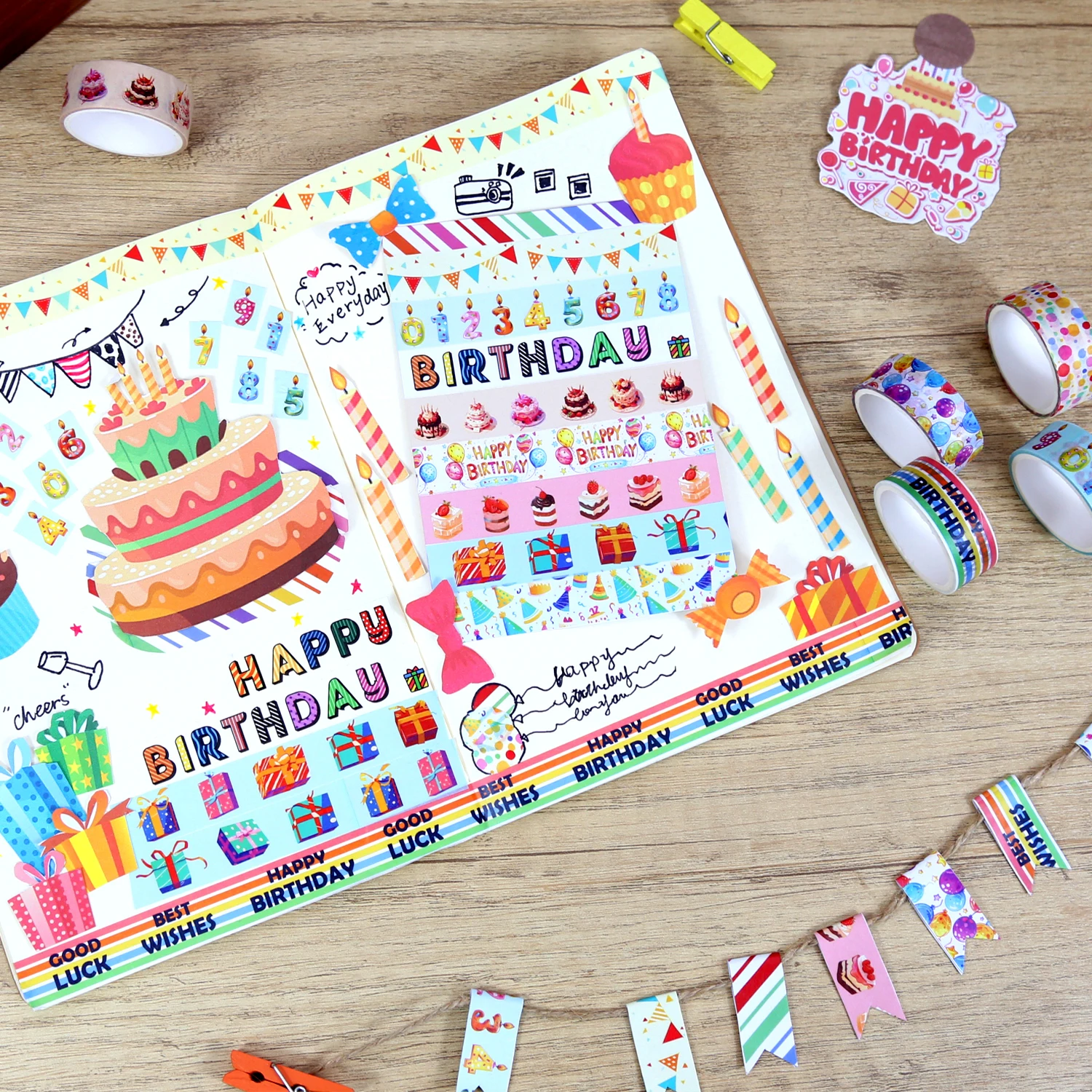 Buon compleanno Washi Tape Set,12 rotoli colorati buon compleanno nastro decorativo torta candele palloncini nastro adesivo per Journaling