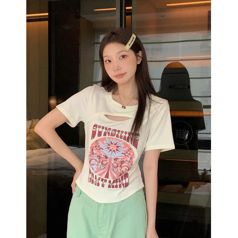 Women T Shirt Summer New Niche Print Short-sleeved Hollow Out Short Tops Students Cute Versatile Thin Tees Female