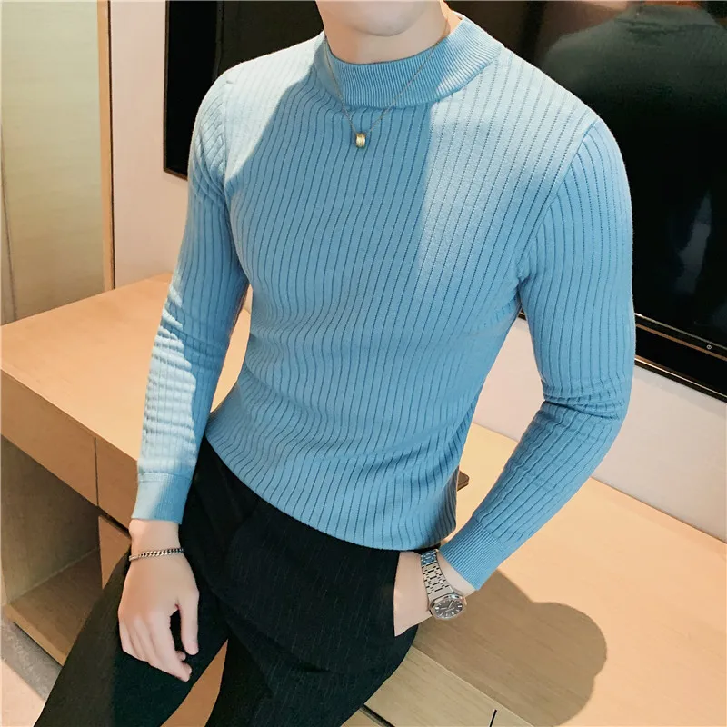 

10 Colors Dark Vertical Stripes Solid Color Half Turtleneck Knit Sweater Men Solid Color Long-sleeved Slimming Sweater Pullovers