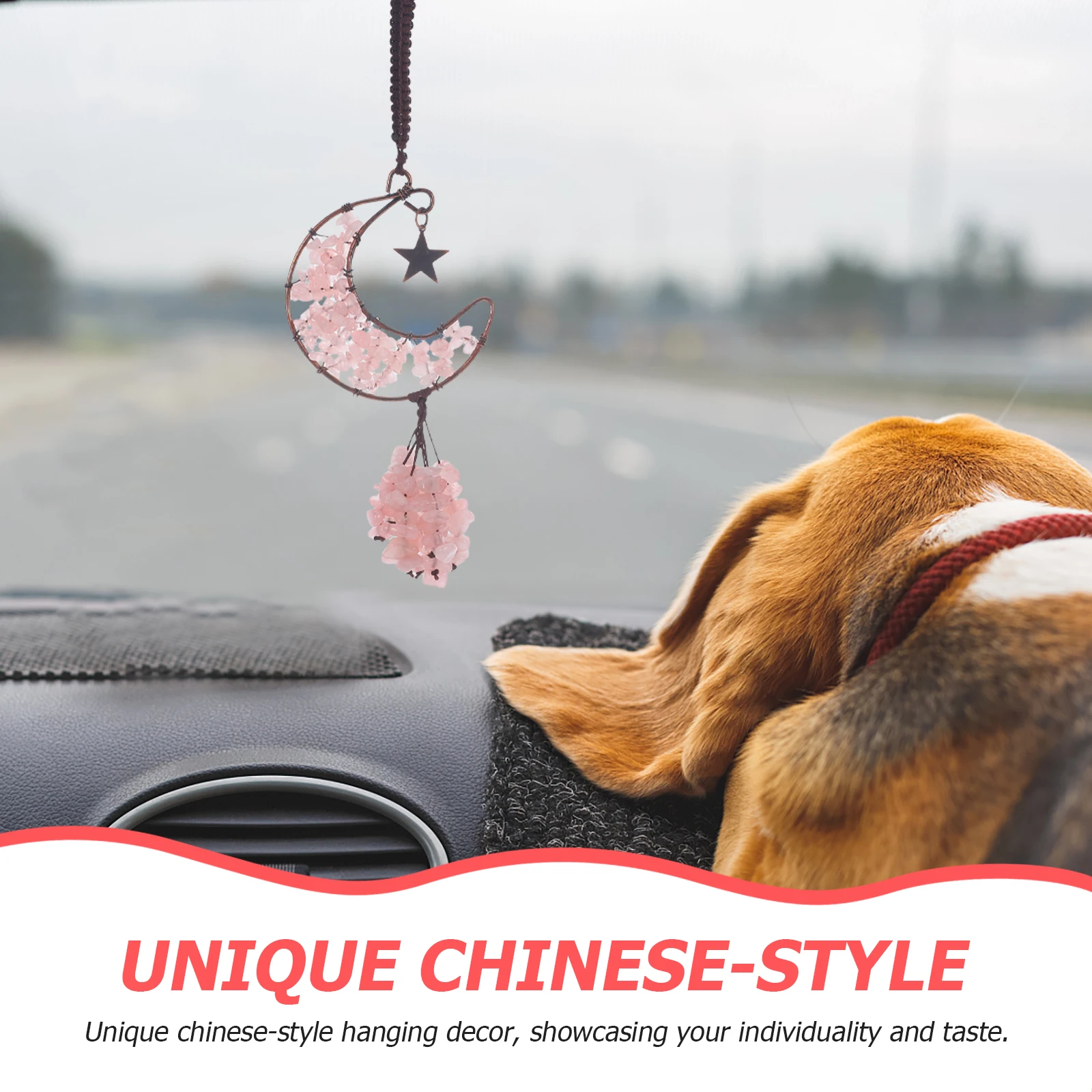 

1Pcs Moon Crystal Hanging Ornament Black Agate Design Chic Rear View Mirror Pendant