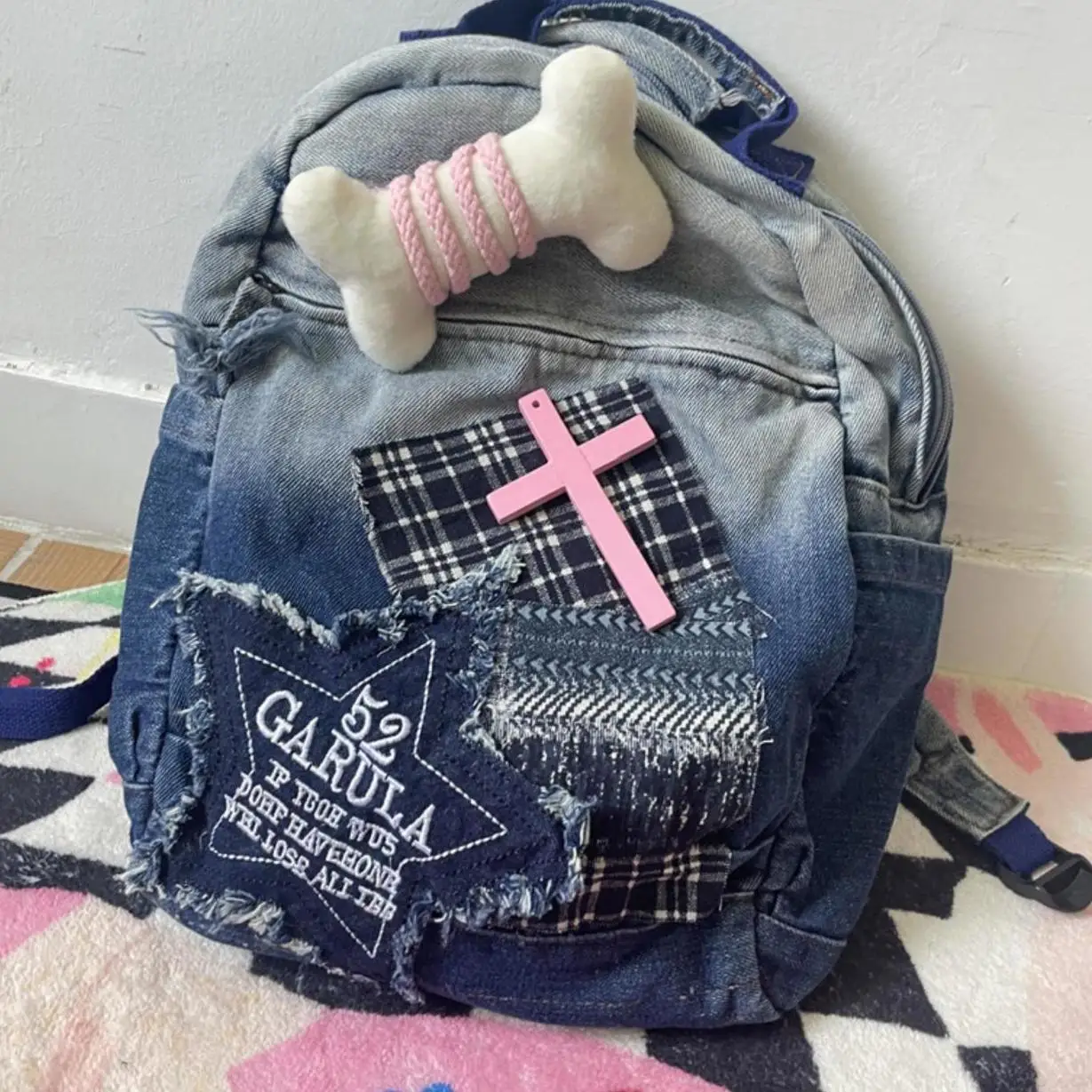 

Y2k Preppy Style Fairy Grunge Student Schoolbag Korean Star Patchwork Bone Pendant Aesthetic Women Backpacks Sweet Girl Mochilas