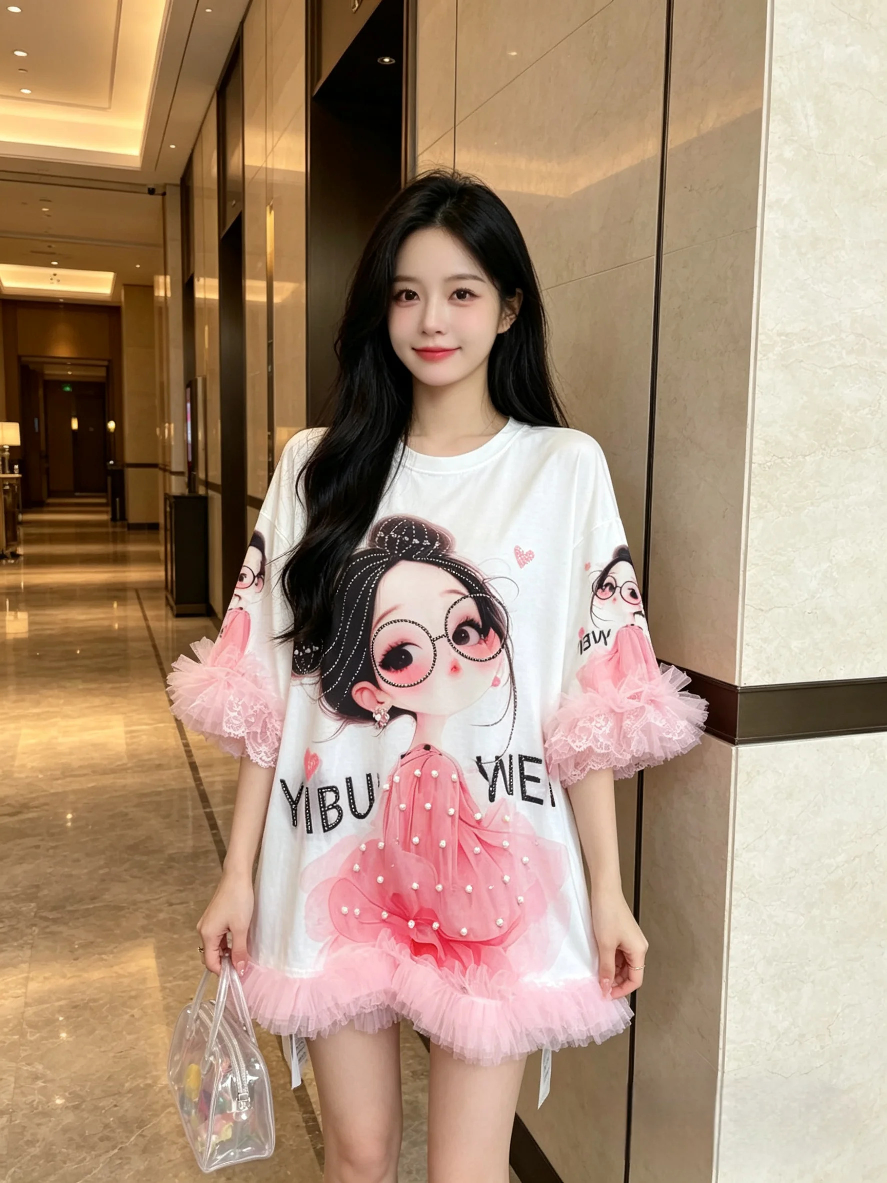 Korea All-match Spring Summer Oversize Pullover Top Beading Cartoon Print Mid-long Princess Dress Elegant Lace Splicing T-shirt