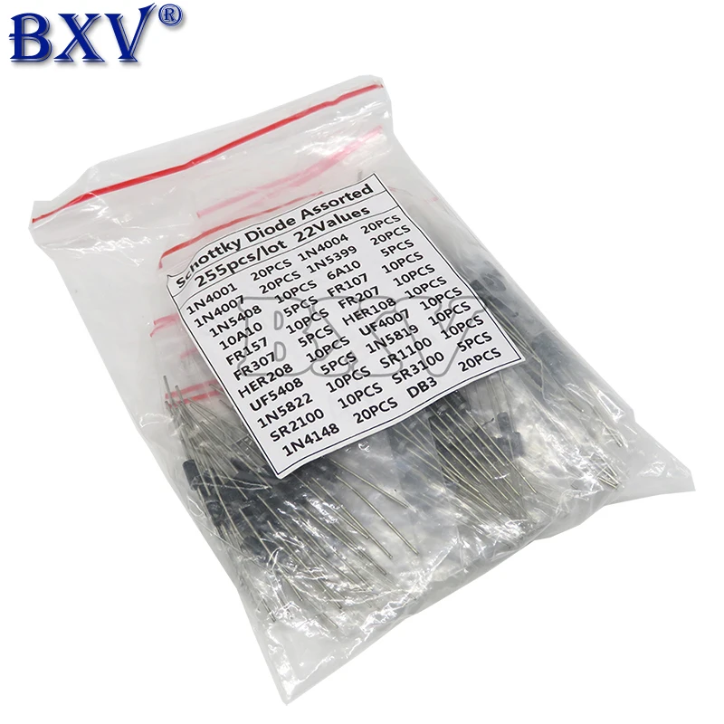 255PCS Fast Switching Rectifier Schottky Diode Assorted Kit 1N4001 1N4004 1N4007 1N5408 UF4007 FR307 1N5819 1N5822 10A10 6A10