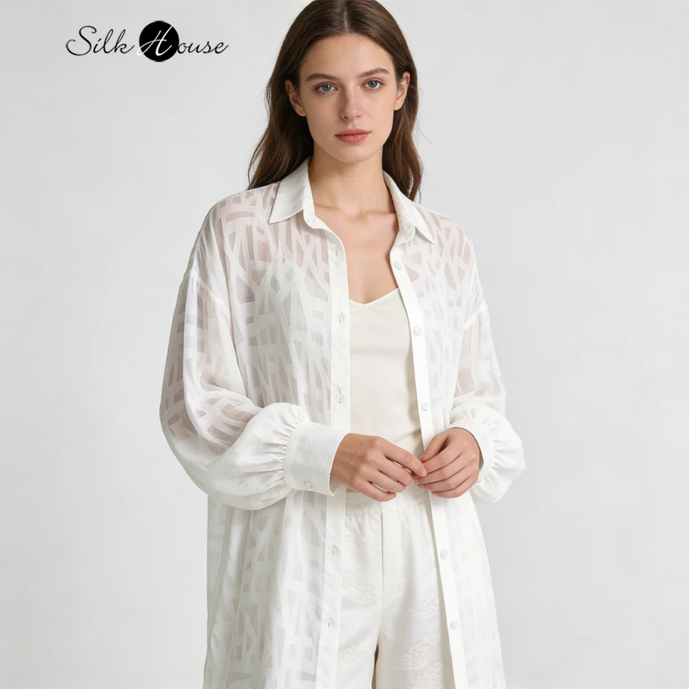 

Women's Casual Summer New 85% Natural Mulberry Silk White Cut Flower Silk Square Neck Long Sleeved Sun Protection Clothing