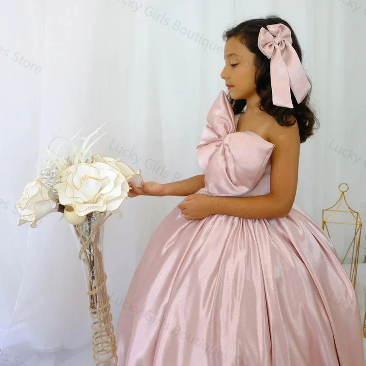 Pink Satin Flower Girl Dresses One Shoulder Children Birthday Party Gowns with Bow Sleeveless Kids First Communion Dresses