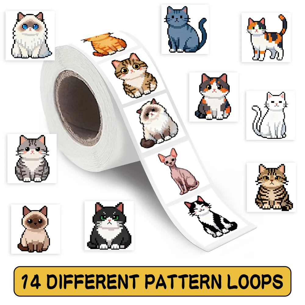 500 Stück/Rolle Niedliche Pixel-Style Katzen-Aufkleber Kreative Tier-Cartoon-Rollenaufkleber DIY Gepäck Handy Gitarre Scrapbook Kinderspielzeug