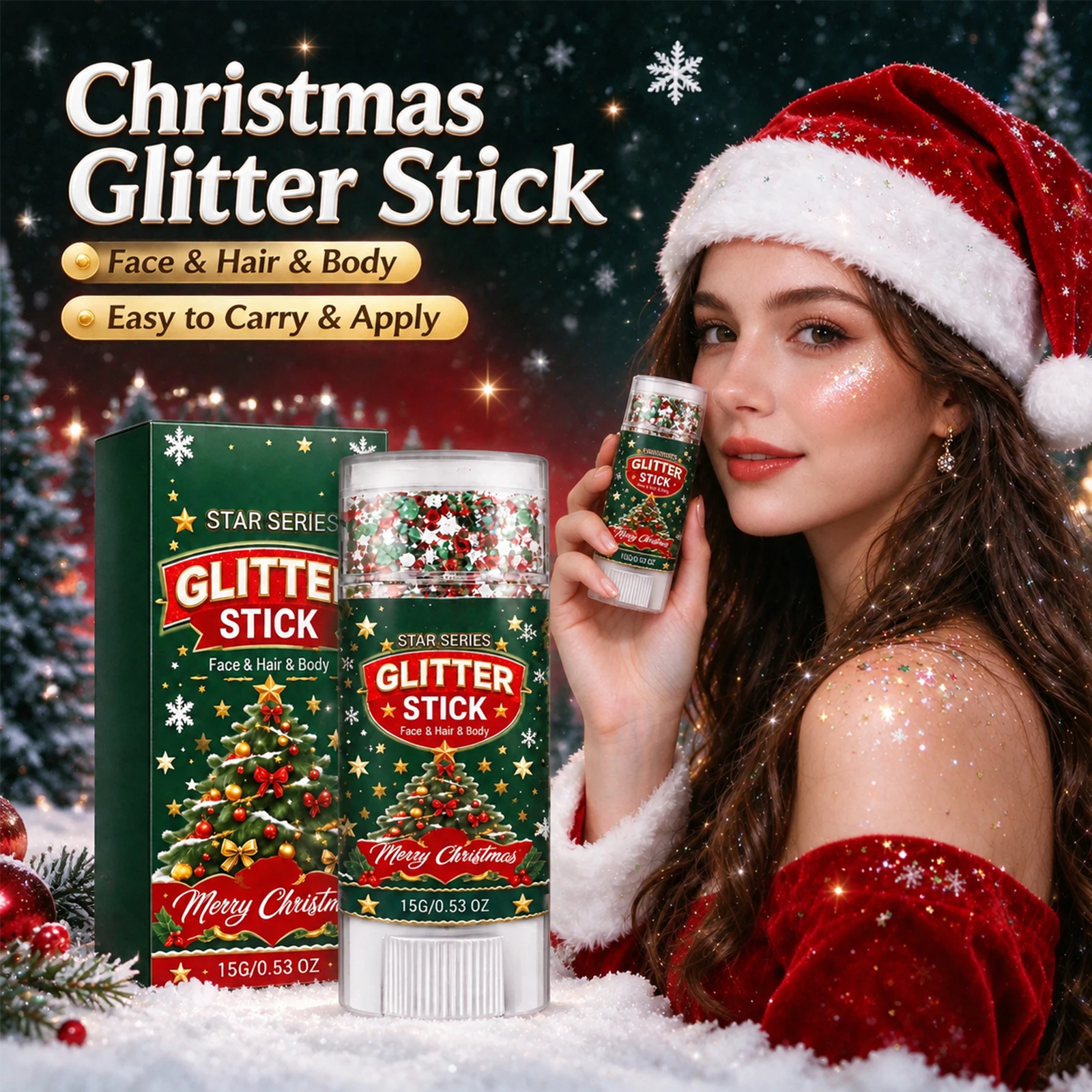 Christmas Glitter Stick for Face Hair Body for Party Portable Friendly Fine Shimmer Sparkling Sequins Holiday Costume Makeup 15g