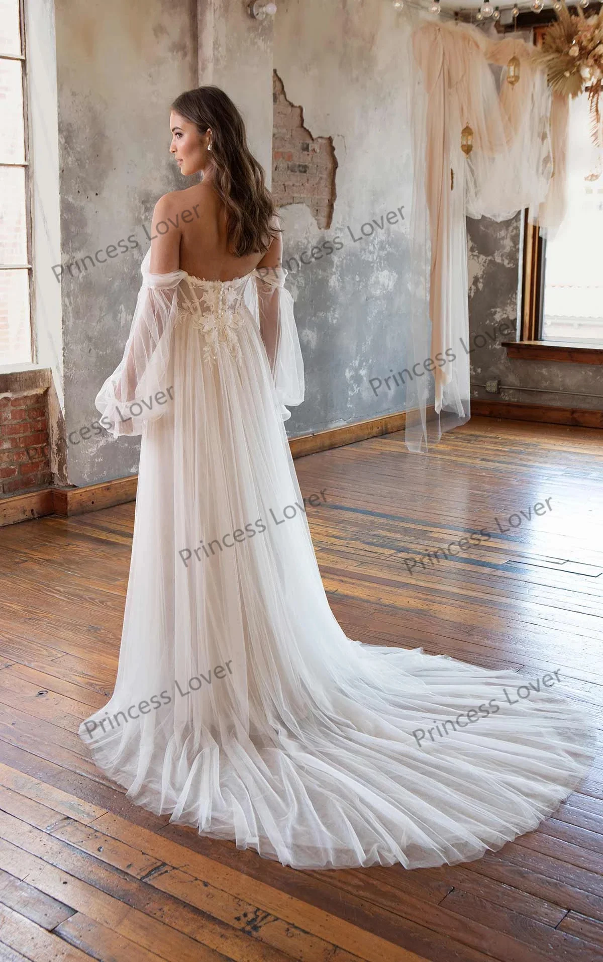 Vestidos de novia de manga larga para mujer, apliques de encaje, vestido de novia personalizado de tul con abertura lateral, vestidos de fiesta bohemios de novia