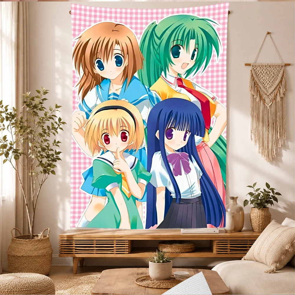 Higurashi When They Cry Tapestry Wall Hanging Anime Four Girls School Uniform Pink Gingham Bedroom Dorm Home Decor Fans Gifts