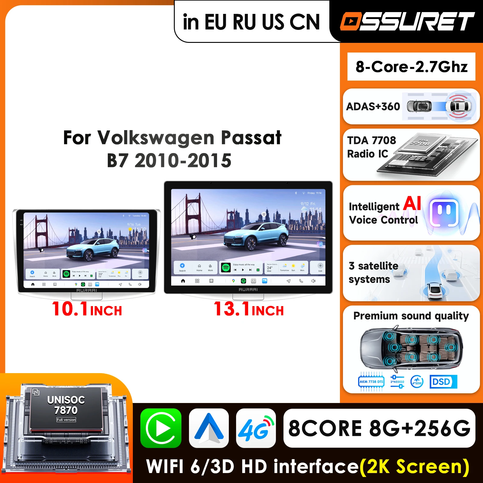 

Carplay 4G-LTE 10.1'' 2K 3D Screen Android Car Radio For VW Volkswagen Passat B7 CC 2010-2015 Navigation 360° Radar Cam GPS 4G