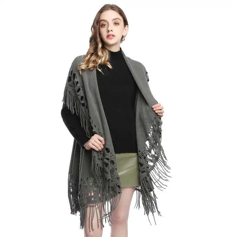 

Spring Autumn New Women Loose Tassel Sweater Multi-purpose Scarf Cardigan Thin Jacquard Shawl Coat Lady Cloak Gray