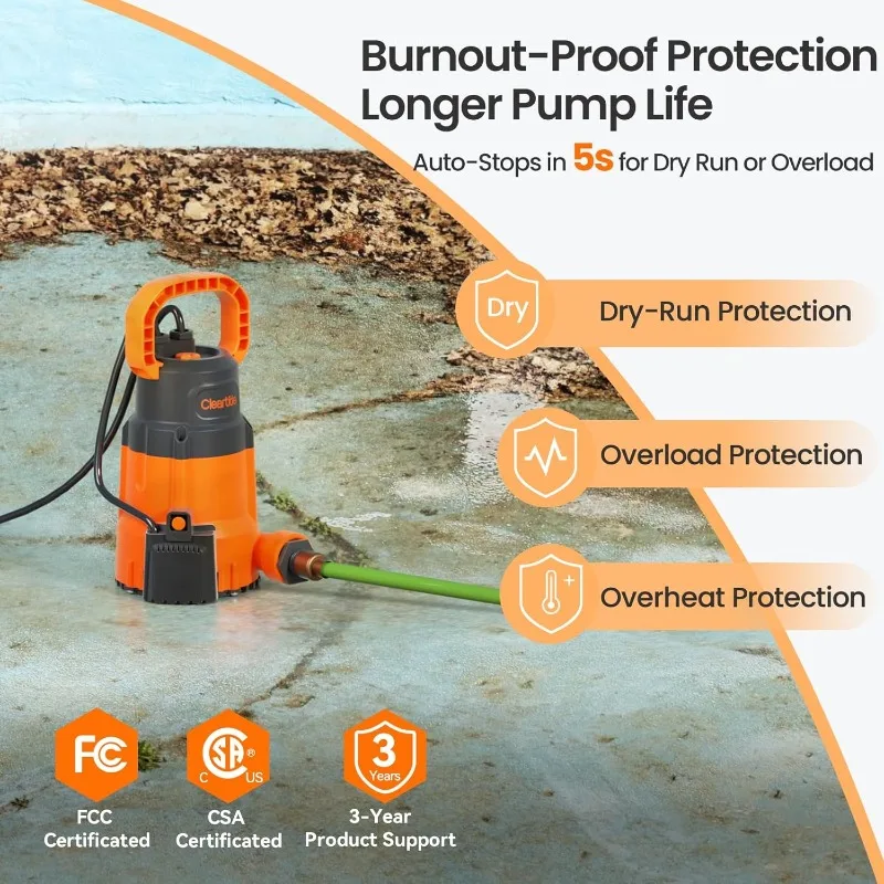 Submersible Sump Pump, Smart Water Sensor Auto On/Off, Manual/Auto Mode, 1/3HP 2790GPH Multi-Use Utility Water Pump