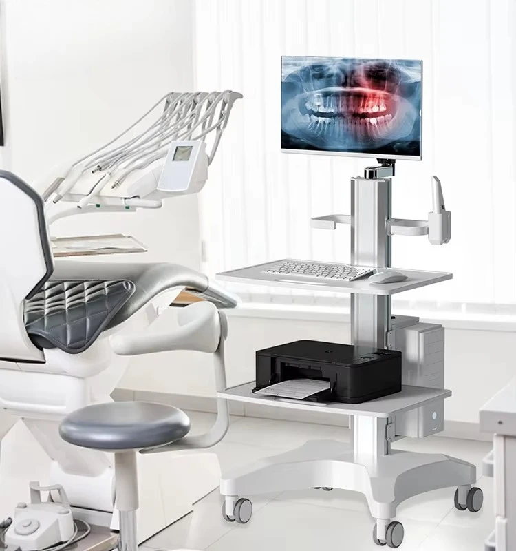 Printer Tray ABS Plastic Aluminum Hospital Furniture Medical Cart With Oral Scanner Computer Laptop and 2 Trays