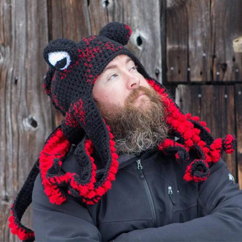 Novelty Handmade Funny Tentacle Octopus Hat Crochet Cthulhu Beard Beanie Men's Women's Knit Wind Mask Cap Halloween Animal Gift