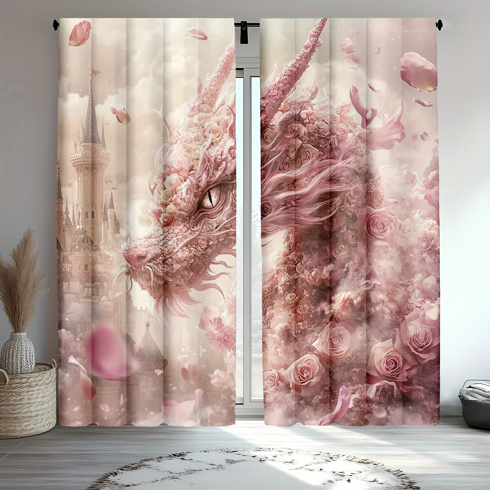 2pc Vintage dragon and floral print curtains, polyester fabric, machine washable, suitable for bedroom living room decoration