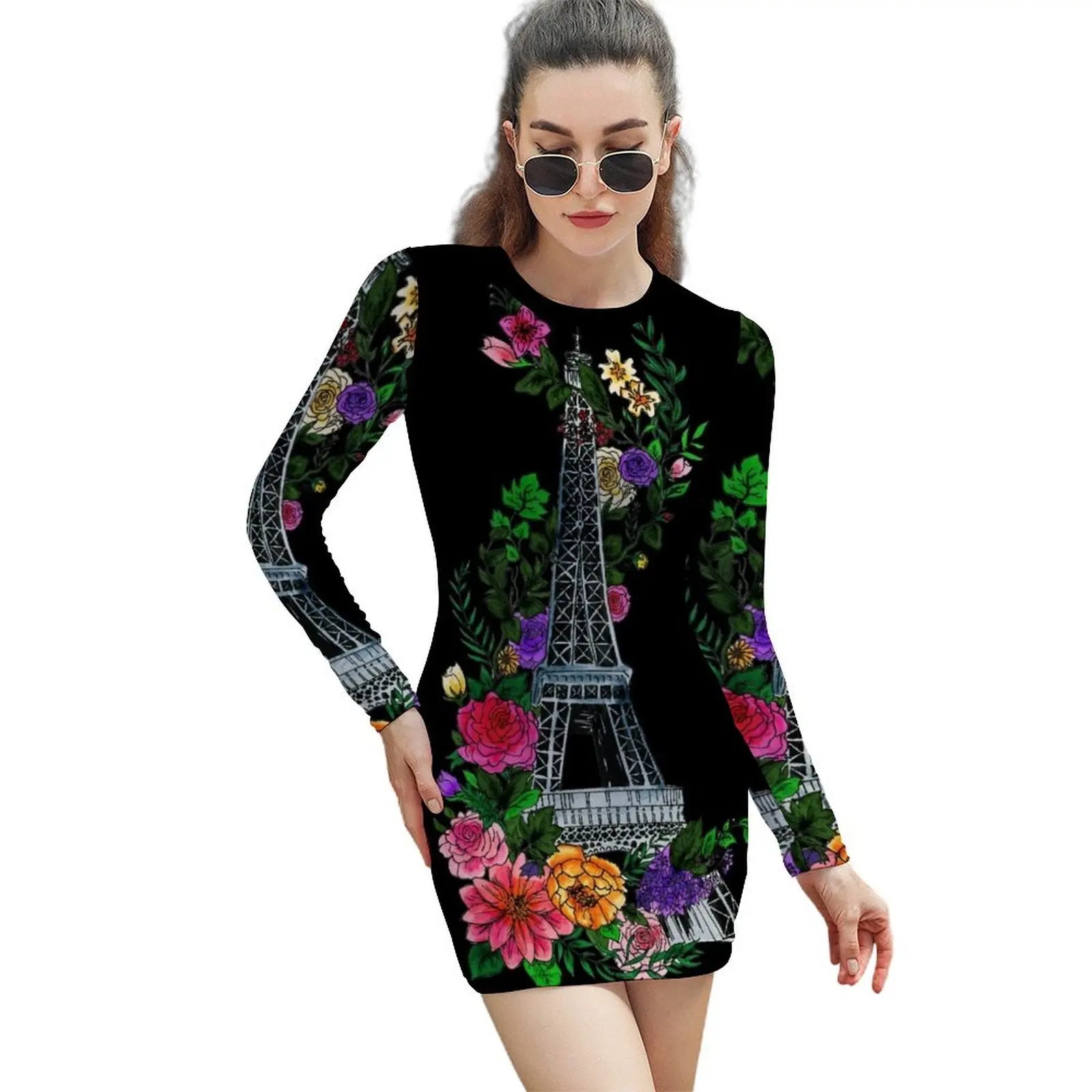 

Floral Eiffel Tower Long-Sleeved Sheath Dress elegant women's dresses for wedding Long dress women dress