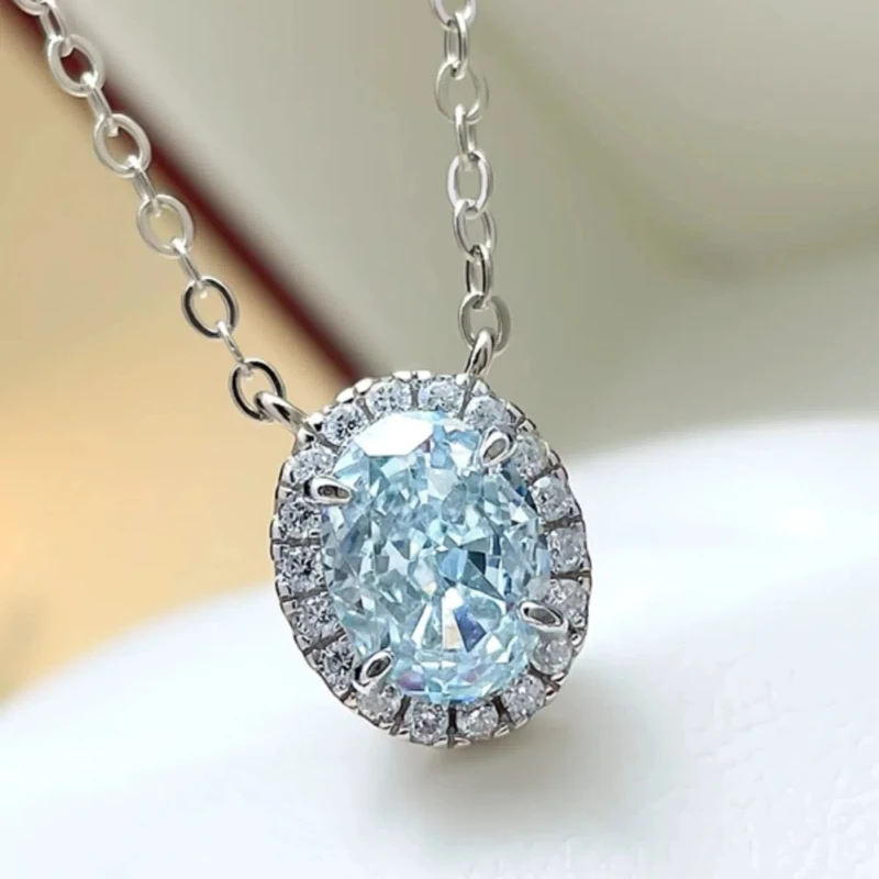 2CT 925 Sterling Silver Lab Grown Aquamarine Necklace Chain Blue Diamonds Vintage Necklace For Women Fine Jewelry