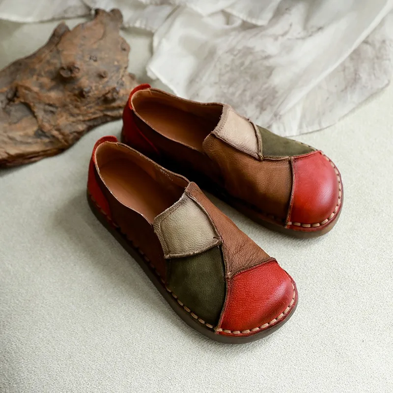 

Birkuir Retro Mixed Colors Flat Heel Shoes For Women Loafers Flats Sewn Casual Spring Genuine Leather Soft Soles Leisure Shoes