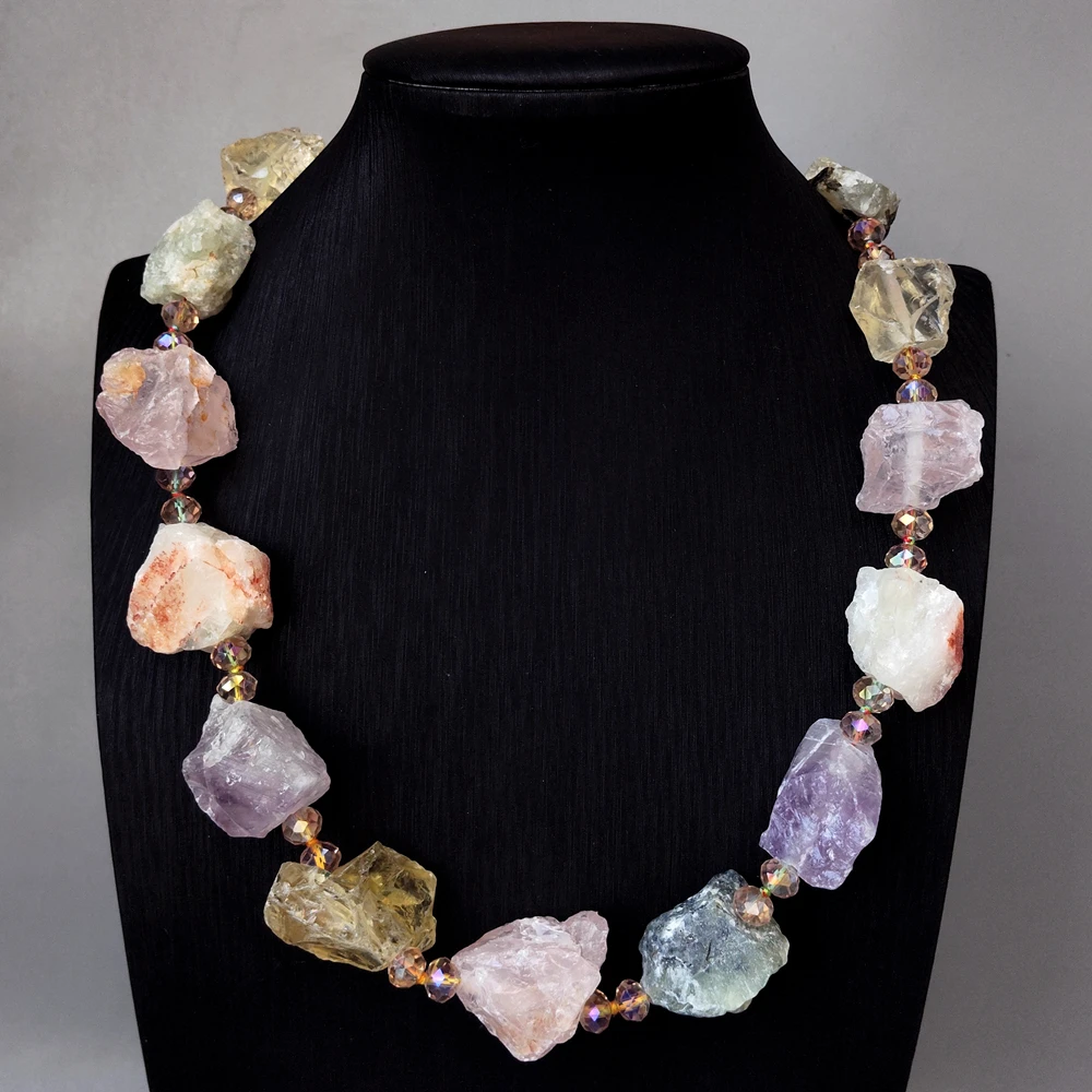 Y·YING Raw Crystal Stone Crystal Amethysts Rose Quartz Lemon Quartz Prehnite Woman Choker Necklace Strand Jewelry