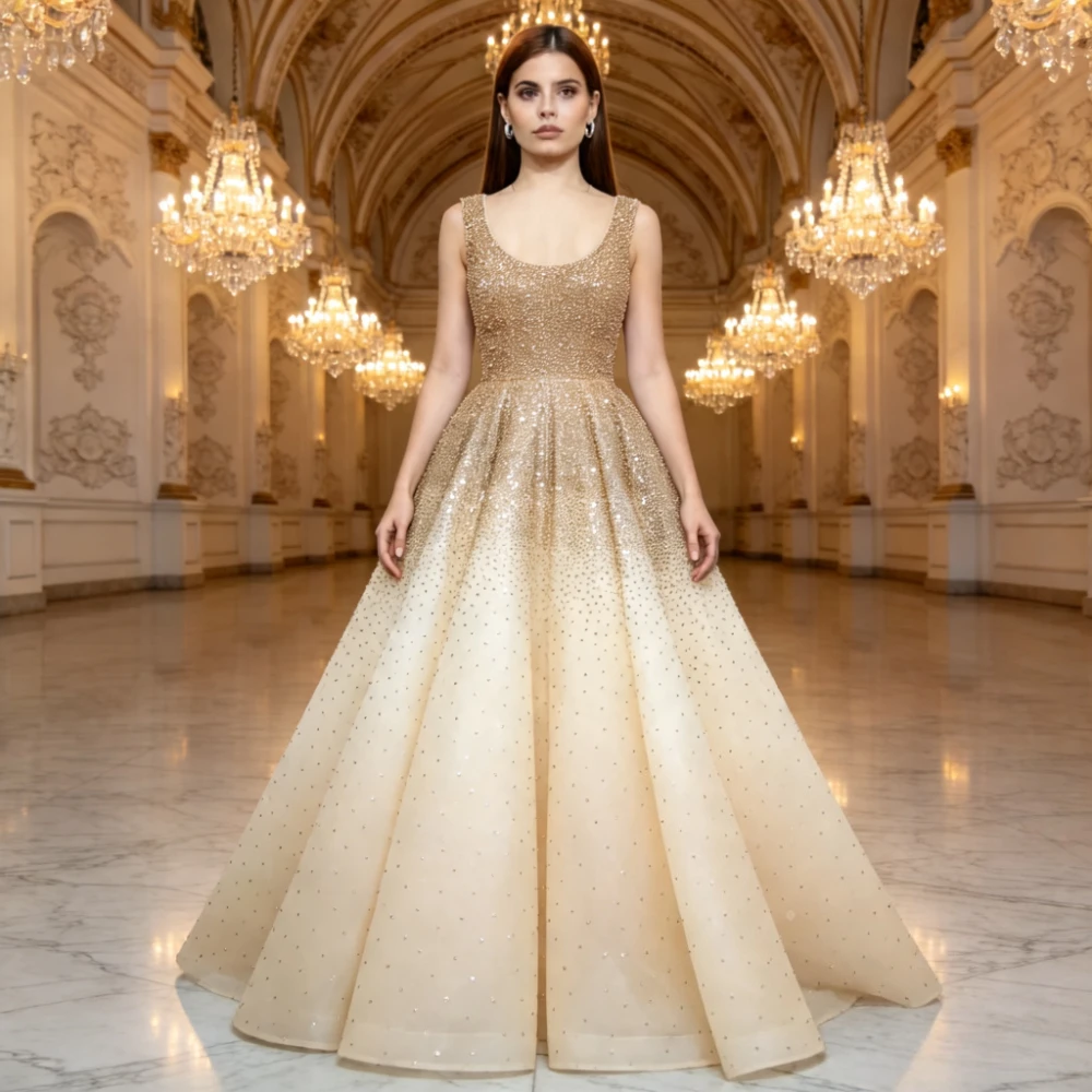 Customized U Neck Sleeveless Gradient Beaded Evening Dresses Lace Up Back A Line Floor Length Formal Prom Wedding Party Gown