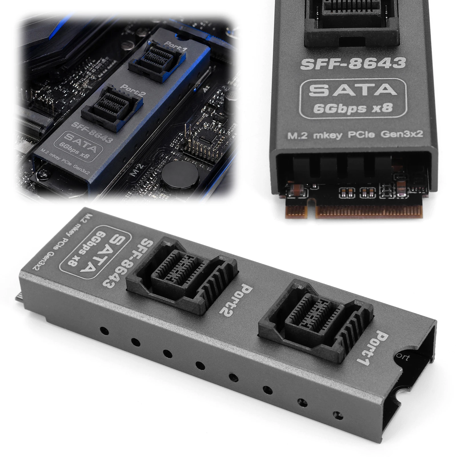 Dual SFF-8643 Mini SAS for M.2 for M-Key SATA 6Gbps 8-Drive Expansion Card Aluminum Alloy PCB Storage Adapter for PC NAS Server