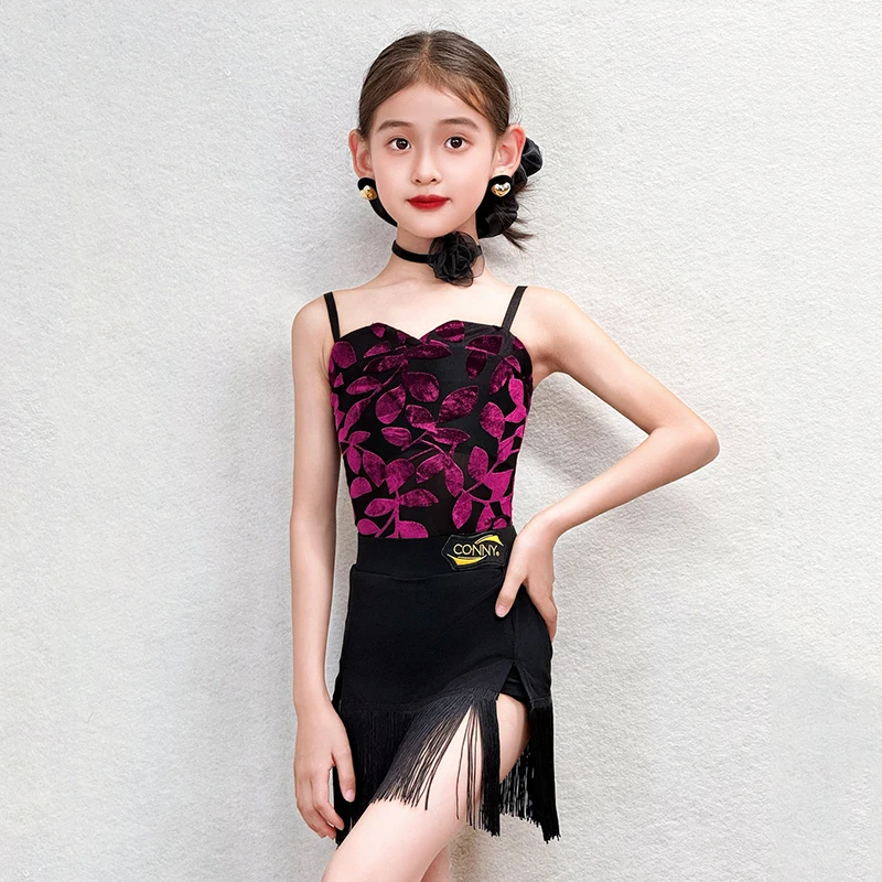 

2026 Girl Latin Dance Performance Clothes Summer Sleeveless Bodysuit Tassel Skirt Kid Samba Dancing Outfit Training Wear VBH2838