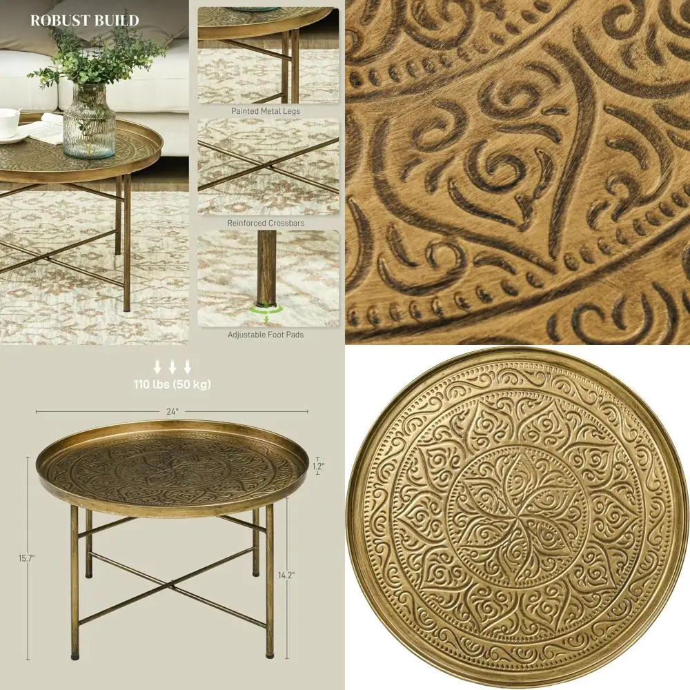 

24" Round Coee Table with Hammered Tray Top, Vintage Metal Center Table or Living Room, Bedroom, Side Table, Gold