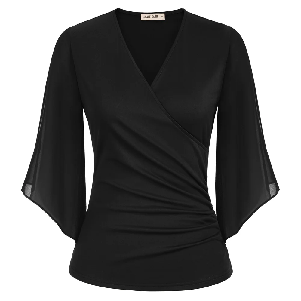 Grace Karin-Tops de retazos de gasa para mujer, blusa elegante de manga corta con cuello en V, color liso, 3/4