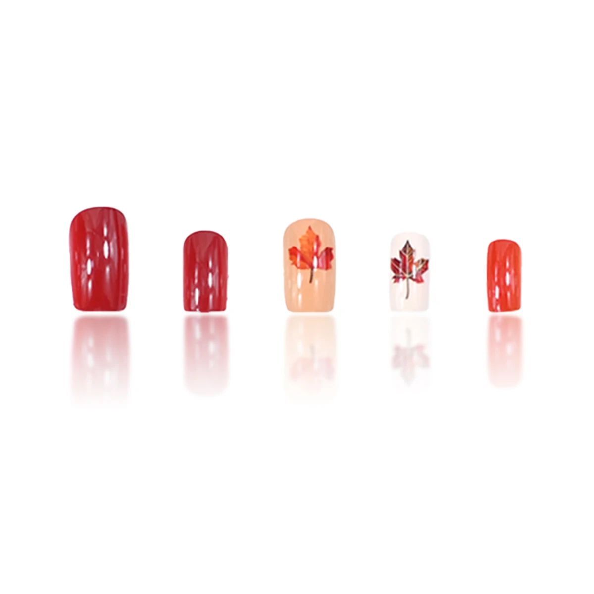 Ein komplettes Set mit 24 kurzen, quadratischen Kunstnägeln im Herbst-Winter-Stil mit orange-rotem Ahornblatt-Design, einschließlich 1 Gelee gl – Detail 4