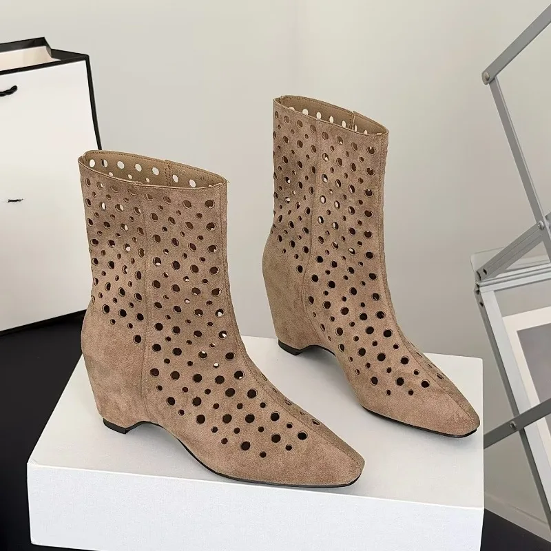 Autumn New Breathable Hollow Inner Height-raising Design Fashion Women's Booties Versatile British Style High Heels