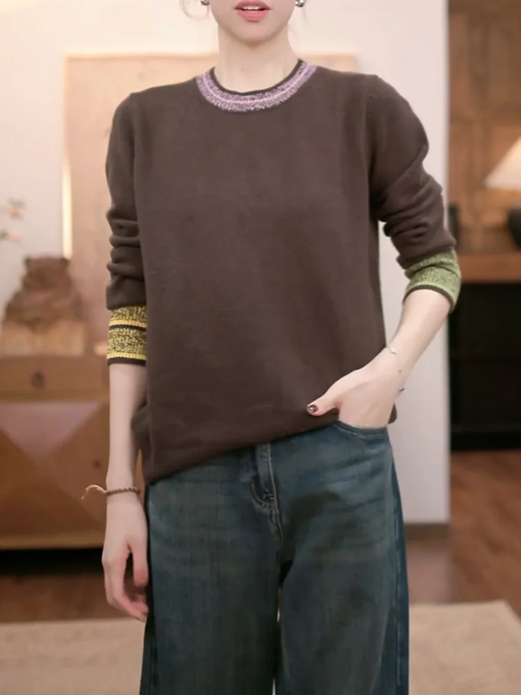 

Retro Knitted Casual Top Women's Fashionable Base Layer Shirt Large Size Autumn New Style Warmth Emitting Long Sleeve Woolen ...