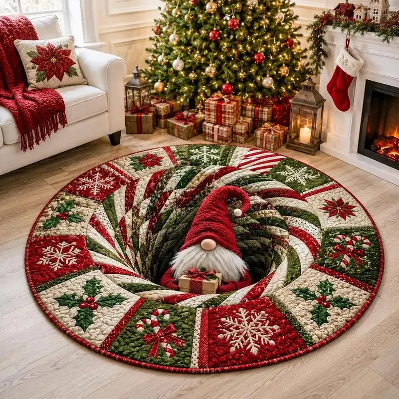 VIKAMA 3D Gnome Round Rug Christmas Illusion Print Non Slip Mat For Living Room Bedroom Holiday Farmhouse Decor