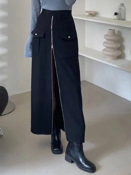 

Ele Юбка-миди на молнии с высокой талией для женщин, осеннее новое поступление, утягивающая универсальная корейская юбка трапециевидной формы для поездок на работу