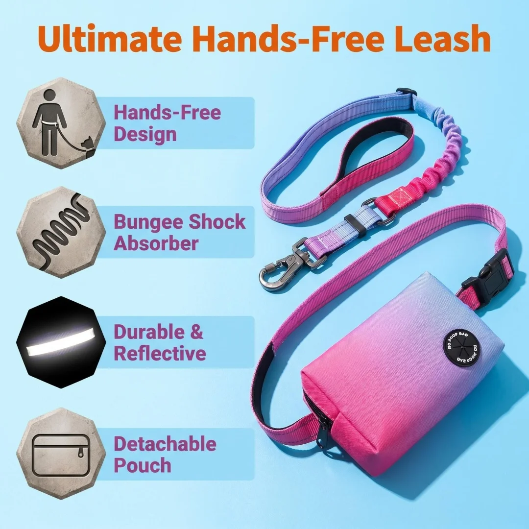 Gradient Color Hands-Free Dog Leash with Snack Bag, Shock Absorbing Bungee Leash for Large Dogs Running Walking Hiking