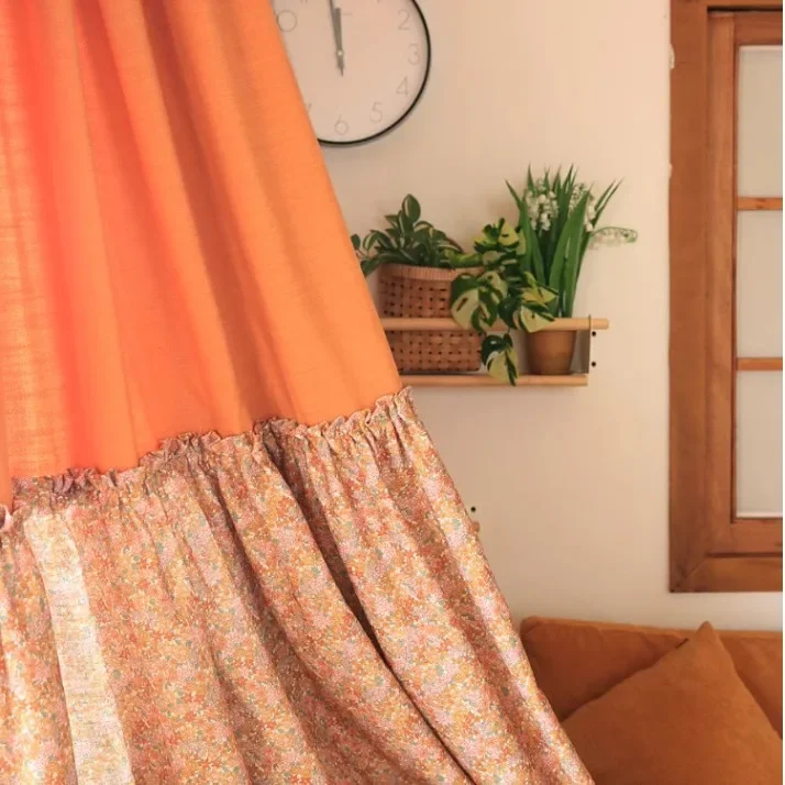 Japanese Orange Printing Cotton and Linen Patched Curtains for Living Room Bedroom French Window Balcony Window Custom Size