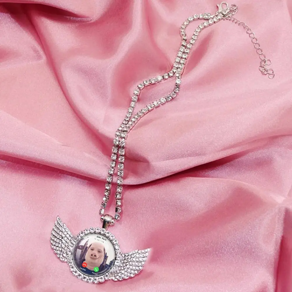John Pork Is Calling Answer Call Phone Humor Funny Pig Lover Graphic The Moon Necklace Angel Wings Pendant Necklace Jewelry Gift - view 6