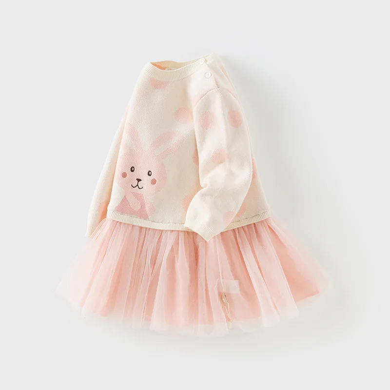 Dave Bella Children's Mesh Princcess Dress 2025 Spring Sweet Gentle Cute New Girl's Cartoon Animal Dress Party DB1250874