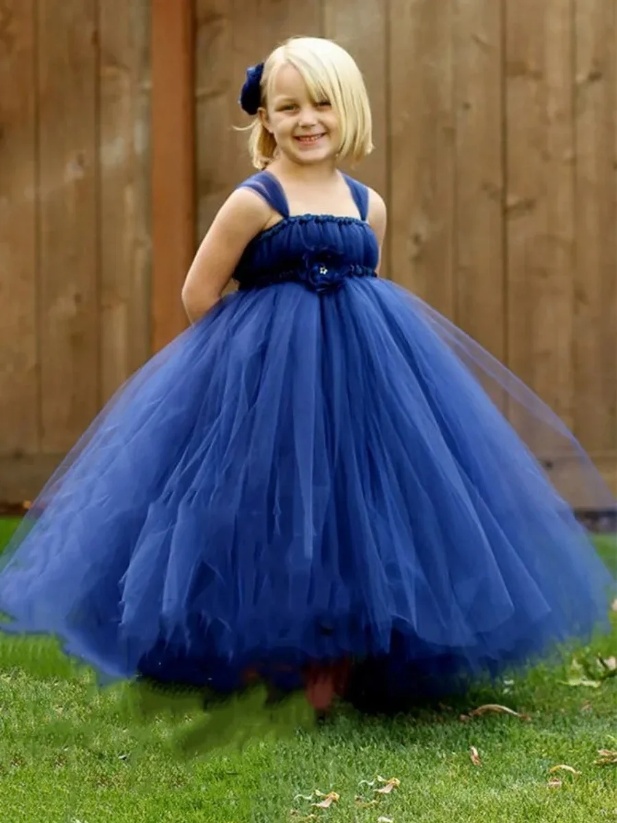 

Royal Blue Tulle Girls Birthday Dresses Sleeveless Flower Girl Dresses for Wedding Party Baby Toddle Ball Gowns Customized