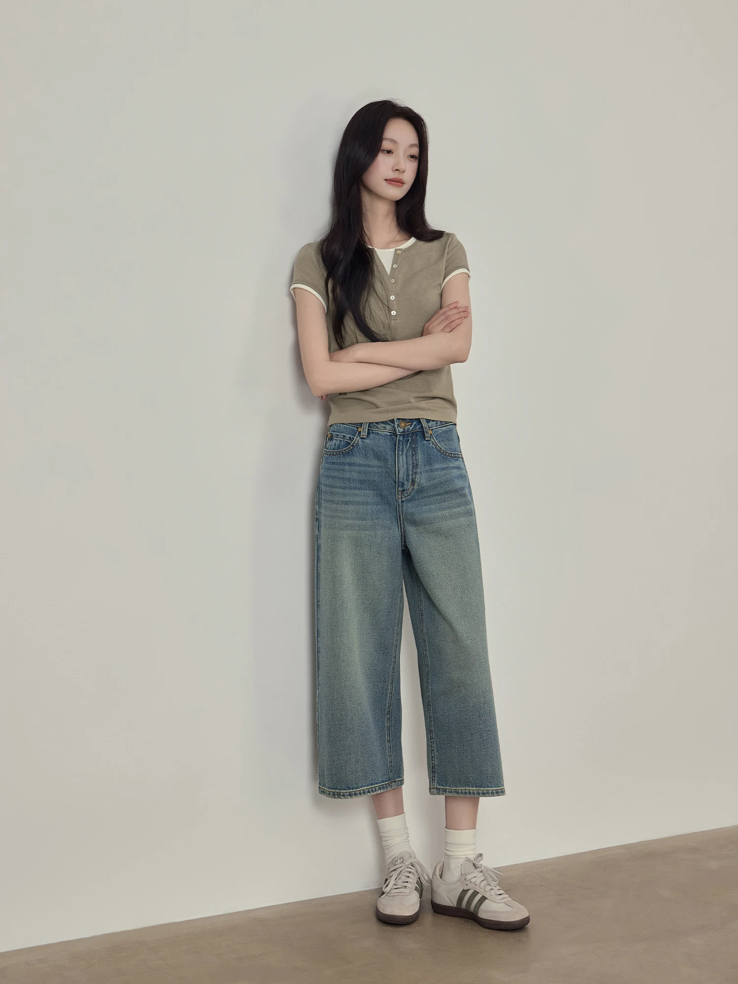 Rising Shorties Vintage Blue Jeans Straight Leg Slimming Pants for Pear Shaped Women Casual Washed Cotton Ladies Trousers