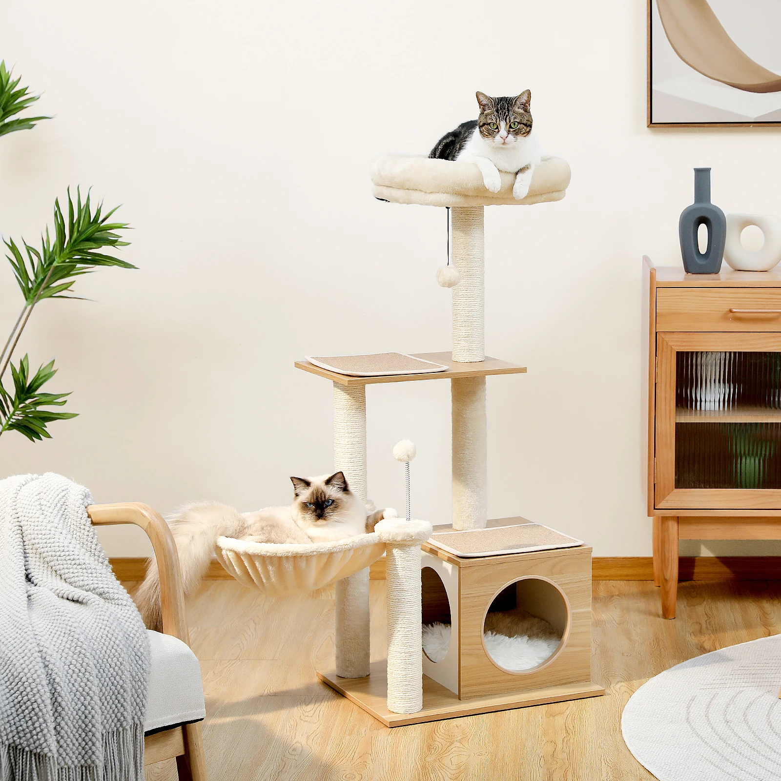 

Multi-Level Cat Tree Modern Cat Tower with Comfy Condo, Spacious Hammock, Nice Top Perch,Natural Sisal Scratching Post,Cat Toy
