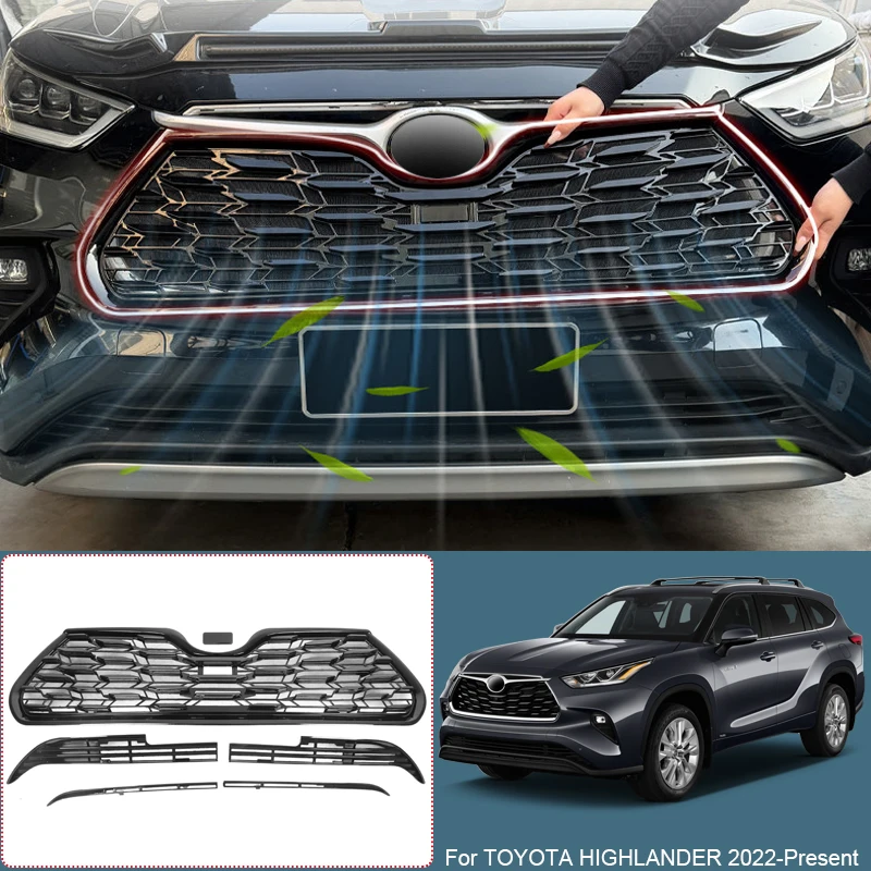 Car Replace Front Upper Lower Grille  Buckle Insect Proof Net For TOYOTA HIGHLANDER 2022-2026 Bumper Center Intake Grille Cover