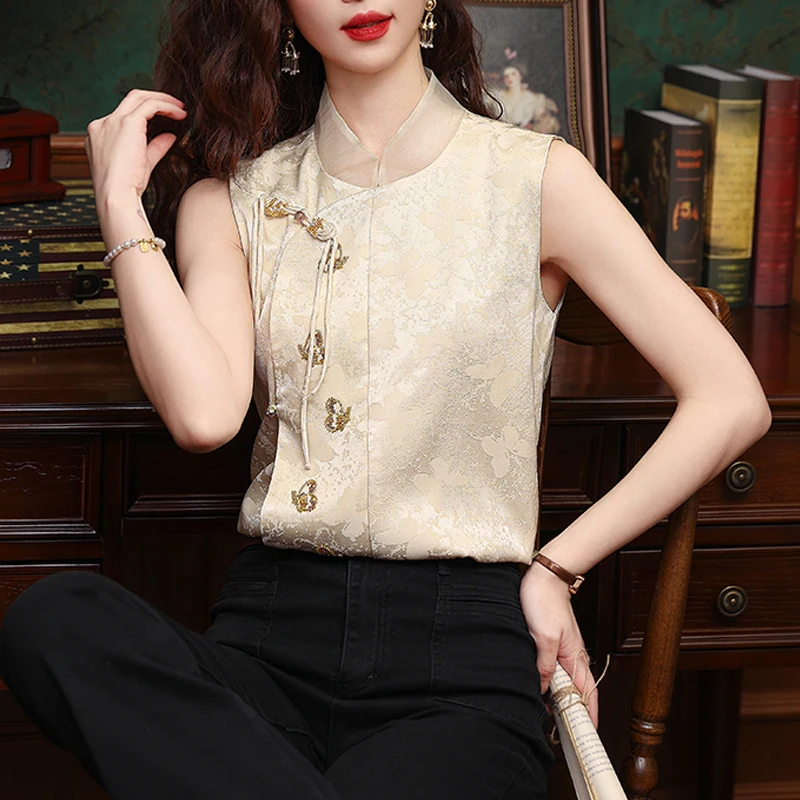 Women Vintage Chinese Style Stand Collar Elegant Shirt 2024 Summer Satin Jacquard Sleeveless Blouse Casual Slim Chic Tops Blusas