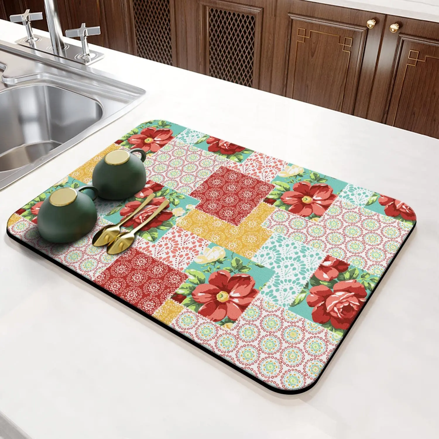 

Coffee Bar Mat for Countertop Flower Absorbent Rubber Backed Dish Drying Mats for Kitchen Counter Draining Pad