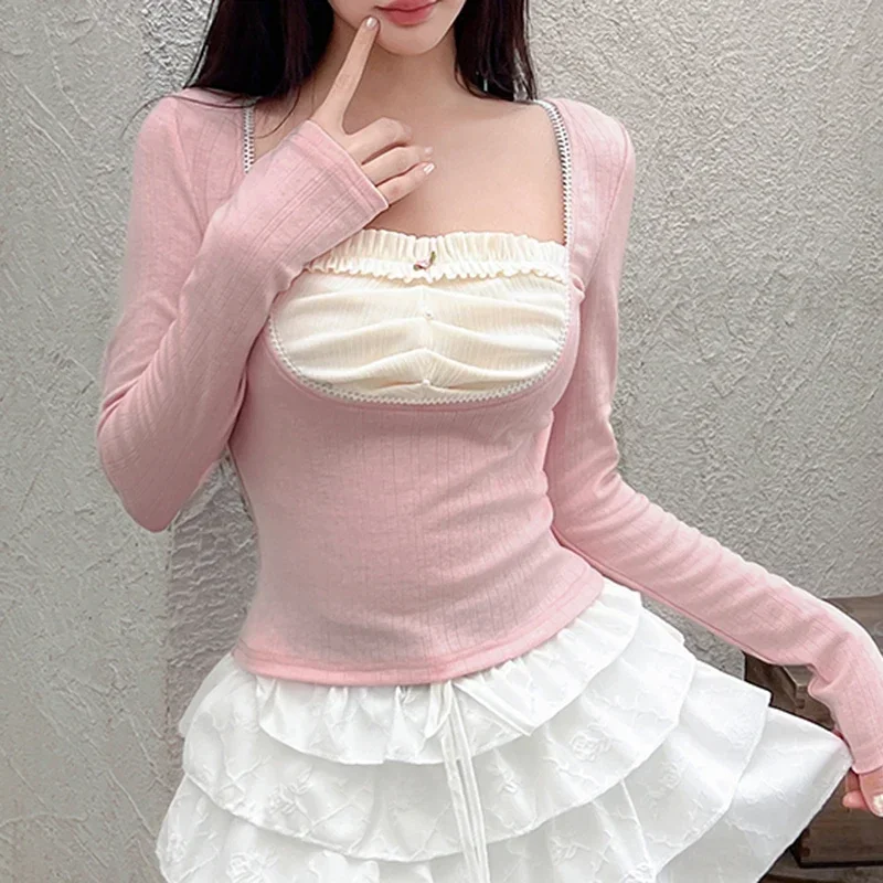 Pink Square Neck  Korean Autumn T shirts for Women Patched Folds Sweet Coquette Clothes Cropped Top Tee Cutecore Girls