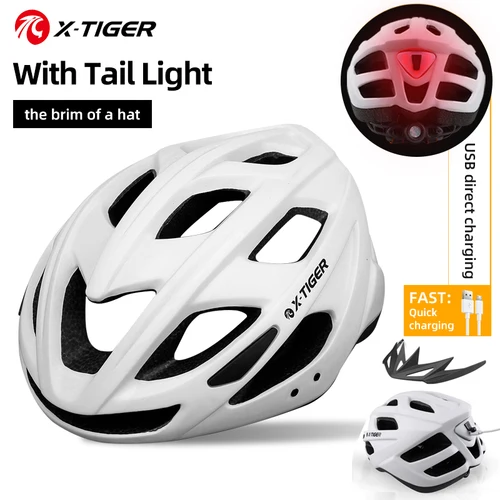 X-TIGER casco de ciclismo para hombres y mujeres, casco con luz LED, casco para deportes de montaña y carretera, casco de bicicleta recargable con diseño de ala