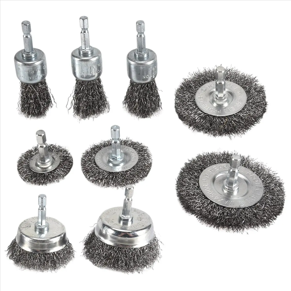 【Tool Parts】 9PC Coarse Crimped Wire Wheel Cup Pen Brush Set for Drill,Carbon Steel with Hex Shank Removing Paint