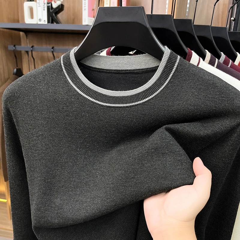 High End Men's Sweater Autumn Winter New Boutique Striped Round Neck Top Luxury Brand Thin Simple Casual Trendy Knitted Pullover